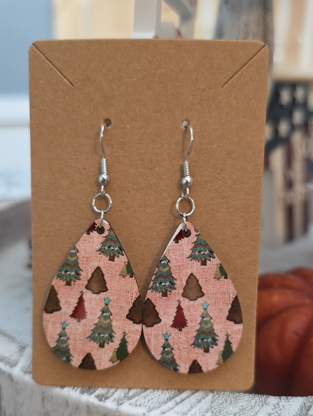 Pink Teardrop Holiday Tree Earrings - Women Accessories